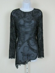 VTG 1990s 2000s JKARA BLACK POLY FLORAL BEADED TOP SIZE 14P ANGLED BOTTOM HEM