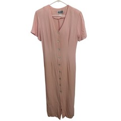 Vtg 90s Peach Crinkle Cottagecore Midi Dress Mother of Pearl Buttons Medium