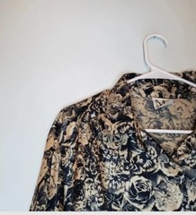 Vtg Ms Russ Womens 26W Blouse Midi Skirt Set Floral Gold Black Pull On USA