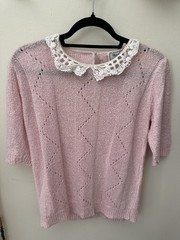 Vintage Coquette Fairy Cottage Granny Ballet Pink Lace Collar Sweater Blouse