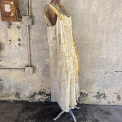 Antique 1920s Dress White Silk Chiffon Yellow Floral Beading Ribbon Gown Vintage