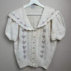Vintage Floral Embroidered Grandmacore Cardigan Sweater Cream Puff Sleeve Medium