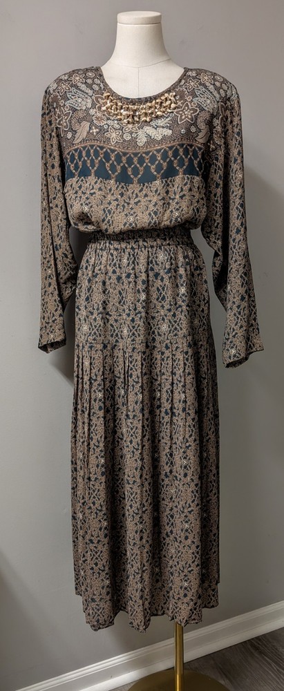 Vintage Carole Little Midi Pleated Skirt And Top Boho Set Wood Shell Beads 8