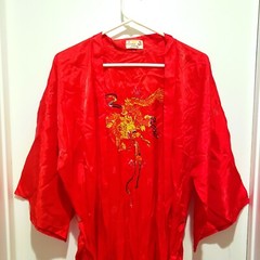 Golden Bee Red Robe Jacket Embroidered Golden Dragon Kimono Long Tie Large READ