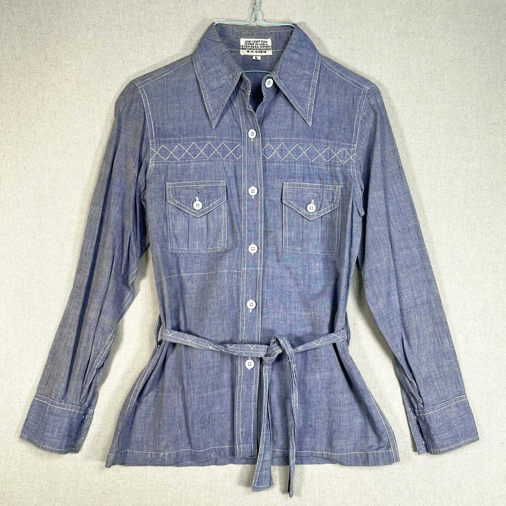 VINTAGE 60s 70s Denim Shirt Size Small Womens Made in India Boho Hippy J23