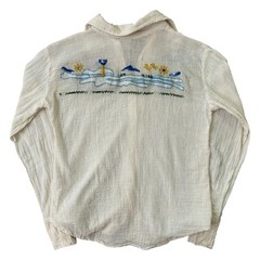 VTG 1970s Scenic Floral Embroidered White Gauze Cotton Button Up Womens Sz M