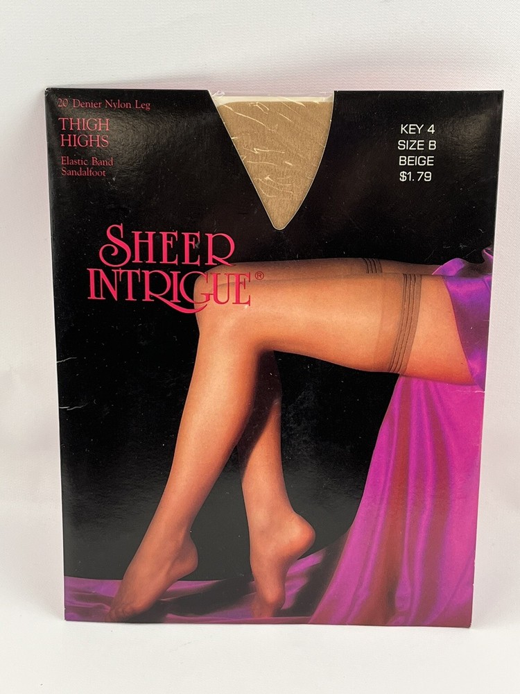 Vtg K-Mart Sheer Intrigue Thigh Highs Stockings B Beige Sandalfoot Elastic Band