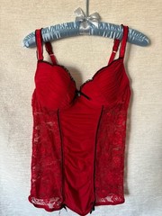 vintage y2k red lace playboy bustier camisole top with ruching, bows, & ruffles
