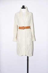 70s Cream Fisherman Cable Knit Shawl Duster Long Cardigan Sweater Coat Women M L