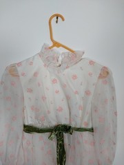 Vtg 70’s Prom Dress White w/ Pink Flocked Roses Green Velvet Belt High Waist