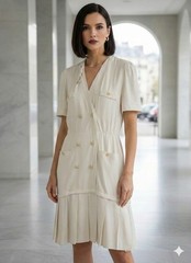 Vintage 90s Escada Silk Dress Cream Drop Waist Double Breasted Gold Button 42 12