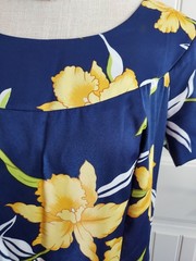 Vtg 70s Floral Maxi Dress Navy Yellow Lily Hibiscus Hawaiian Tiki Resort M L 53″