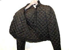 Vintage 70s M You Babes Black Quilted Blazer Dress Jacket Ruffle Collar Cropped