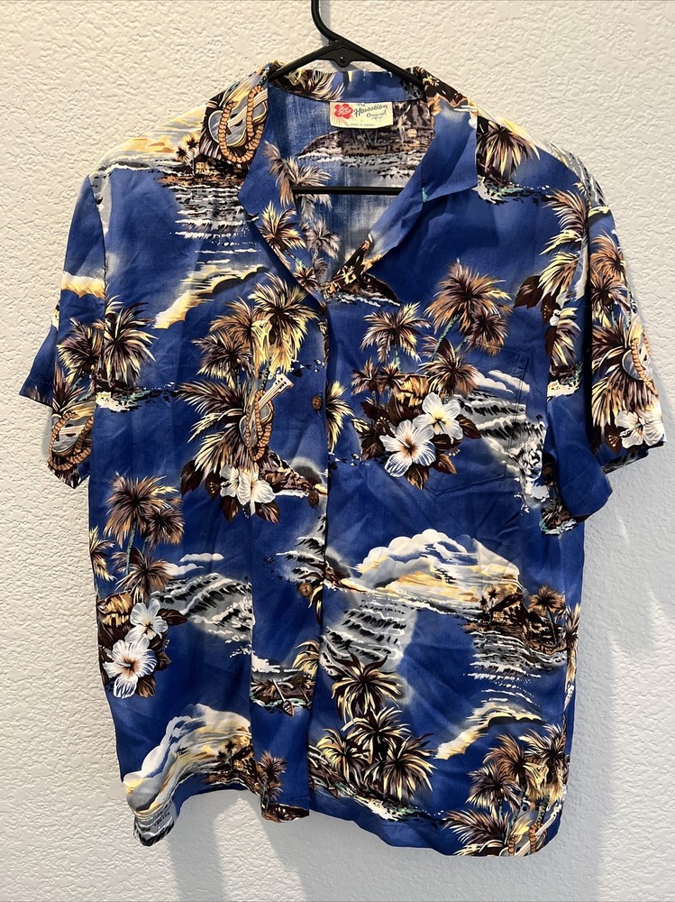 Vintage Hilo Hattie Hawaiian Original Shirt Hibiscus Aloha Women’s Small Blue
