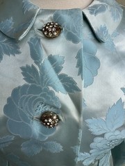 70’s Ice Blue Floral Brocade Cocktail Sheath Dress Matching Coat Metallic 28” 4