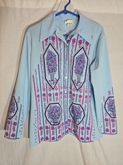 Vintage 1960s Blouse Top Shirt Geometric Floral Blue Size 38