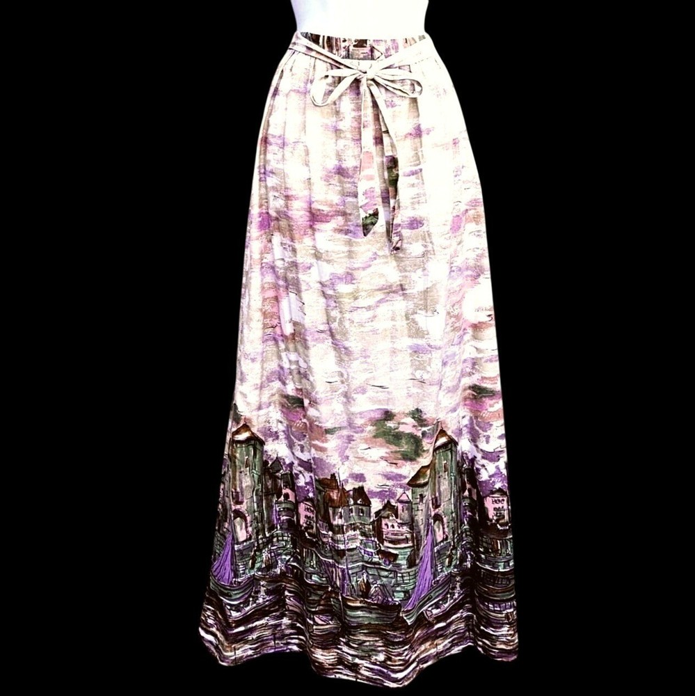 Lanz Originals 1980s Scenic Maxi Skirt Seine River 26″W Pastel Novelty Print