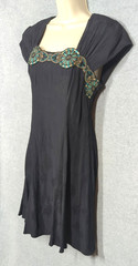 Vtg Carole Little Black Dress 6P Art Deco Coset Back Gold Turq Embroidery Boho