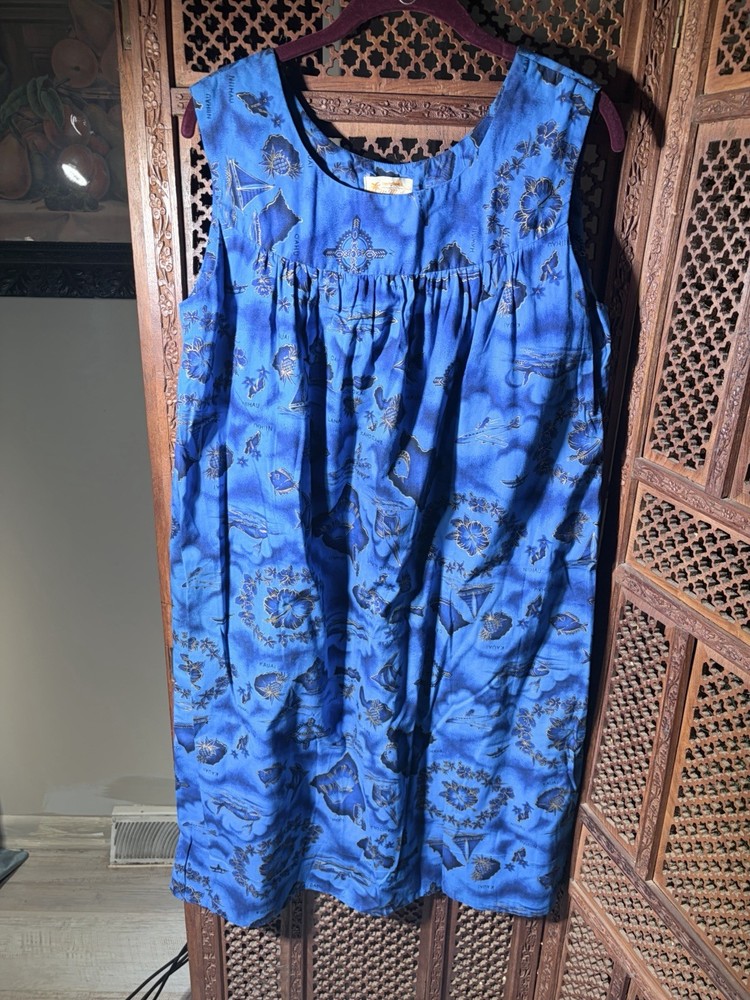 Ui-Maikai Muumuu Dress Womens Blue Hawaiian Tropical Vacation Folk Vintage.