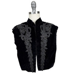 Antique Victorian Black Velvet Mourning Shawl Cape w Jet Beads Appliqué Fringe
