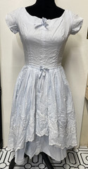 Vtg Blue Cotton Dress W/ Embroidered White Flowers Layered Split Skirt Flowy XS