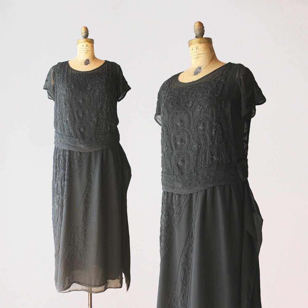 Antique 1920s Heavily Beaded Dress 20s Sheer Black Chiffon Vintage Dress