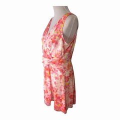 Ann Taylor Floral Chiffon V-Neck Pleated Faux Wrap Dress Pink Yellow Size 8