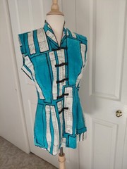 Vtg 50s Hawaii Alfred Shaheen Tea Timer Shirt Blue Japanese Print Frog Clasps L
