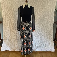 Union Made LIGWU Vintage 1970’s Print Maxi Dress Hostess Gown Small Navy ECU!