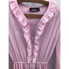 Vtg Rare Dress Liz Petites Inc. Pink Polyester Ribbed 70s Disco Mod Ruffles Boho