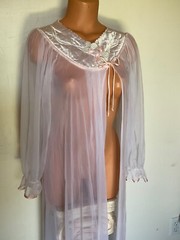 Vintage Sheer White Nylon Long Sleeve Pink Satin Top Val Mode Robe Sz.M