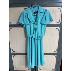 JT Petites Vintage 80s Turquoise Polka Dot Tie Neck Flutter Sleeve Midi Dress 8