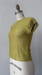 50s Chartreuse Sheer Floral Lace Flutter Cap Sleeve Top Keyhole Bateau Neck XS/S