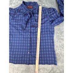 Ragazza Vtg 80s Blue Geometric Diamond Bow Tie Neck Button Up Secretary Blouse