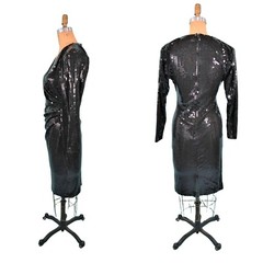 Vintage Black Sequin Dress 80s Surplice Cocktail W 27″