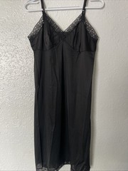 Vtg Shiny Silky Nylon Full Slip Nightgown Vanity Fair Black Dress