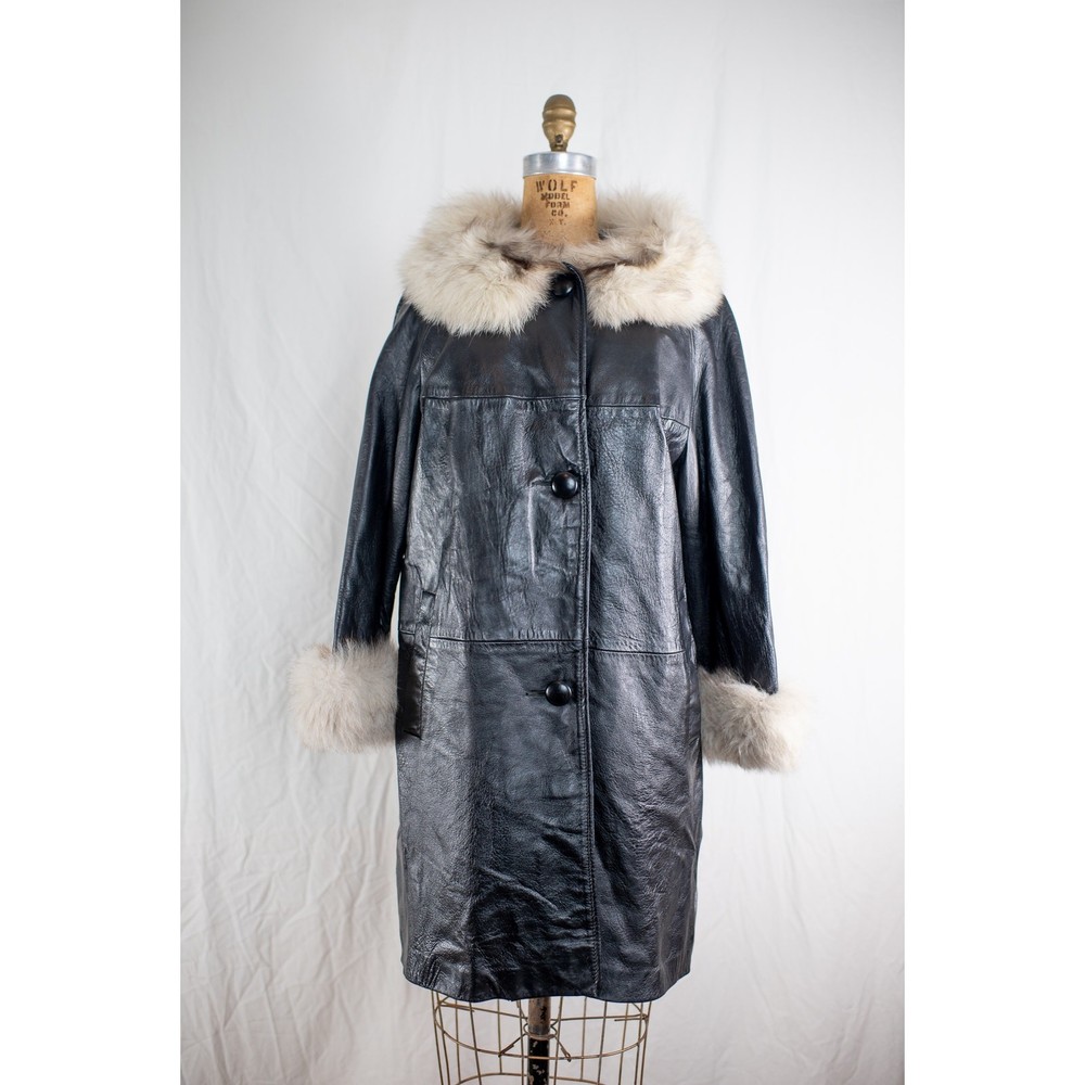 Vintage 70s Black Leather Fox Fur Coat, Mob Wife Luxury Glam Trench, Rocker, S M