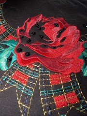 CAROLE LITTLE Black Knit Top Sz S Red Rose Embroidery Sequins LS