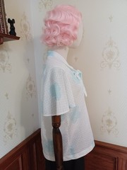 Vintage 1970s/80s Fire Islander Pastel Aqua Polka-dot Pussybow Secretary Blouse