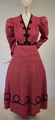 EARLY EDWARDIAN PINSTRIPED PINK CASHMERE BLEND 2 PC DRESS W BLACK SCROLLWORK