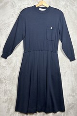 Vintage Schrader Knit Dress Womens 10 Navy Wool Stretch A-Line Midi 1980s City