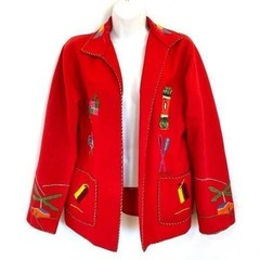 Vintage 1940s 1950s Mexican Wool Felt Jacket Red Embroidered Womens S