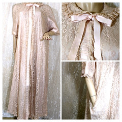 Vintage Odette Barsa Lined Pink Lace Overlay Lingerie Long Dressing Gown Robe L