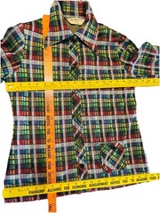 VTG 70s JC Penney Fashions Button Up Poly Tartan Plaid Shirt Top Wide Lapel M**