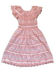 VTG 1970’s baby pink shoulder Mexican dress lace, ribbon pin tuck coquette XS/S