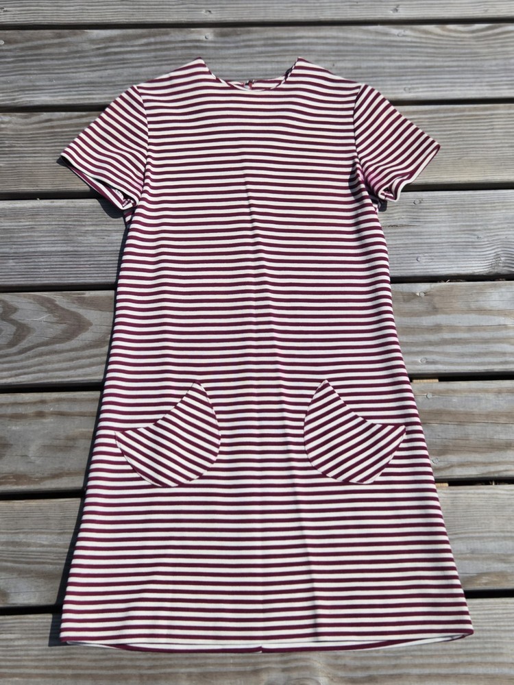 Vintage 1960s Mod Stripe Shift Dress Burgundy Cream Knit Pocket Dress Retro GoGo