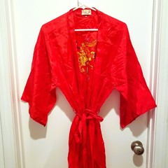 Golden Bee Red Robe Jacket Embroidered Golden Dragon Kimono Long Tie Large READ