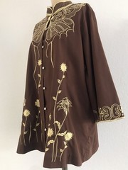 Vintage 70s Brown Cotton Blend Floral Butterfly Embroidered Relaxed Top Size L
