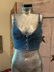 90s Y2K VTG DENIM Jeans Bra Top Crop snap Up Bralette Hip Hop Raver sz small
