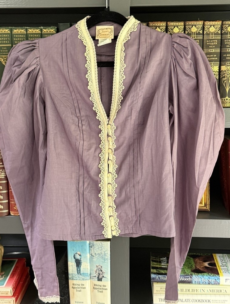 Vintage 70s Jessica’s Gunnies Purple Edwardian Puff Sleeve Blouse Lace Button 9
